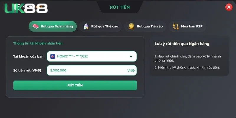 Hãy điền thông tin rút tiền UK88 đầy đủ theo chỉ dẫn đưa ra